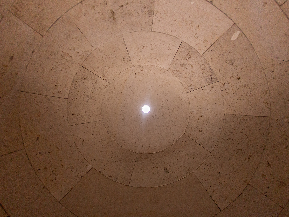 Close-up of detailed masonry in the dome of the Egg